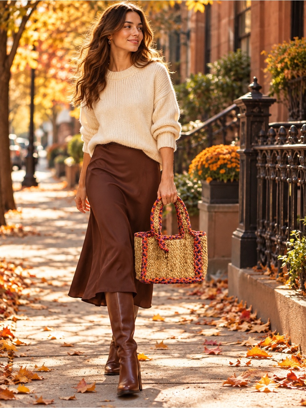 A18. Woven Straw Tote with Pink & Orange Trim